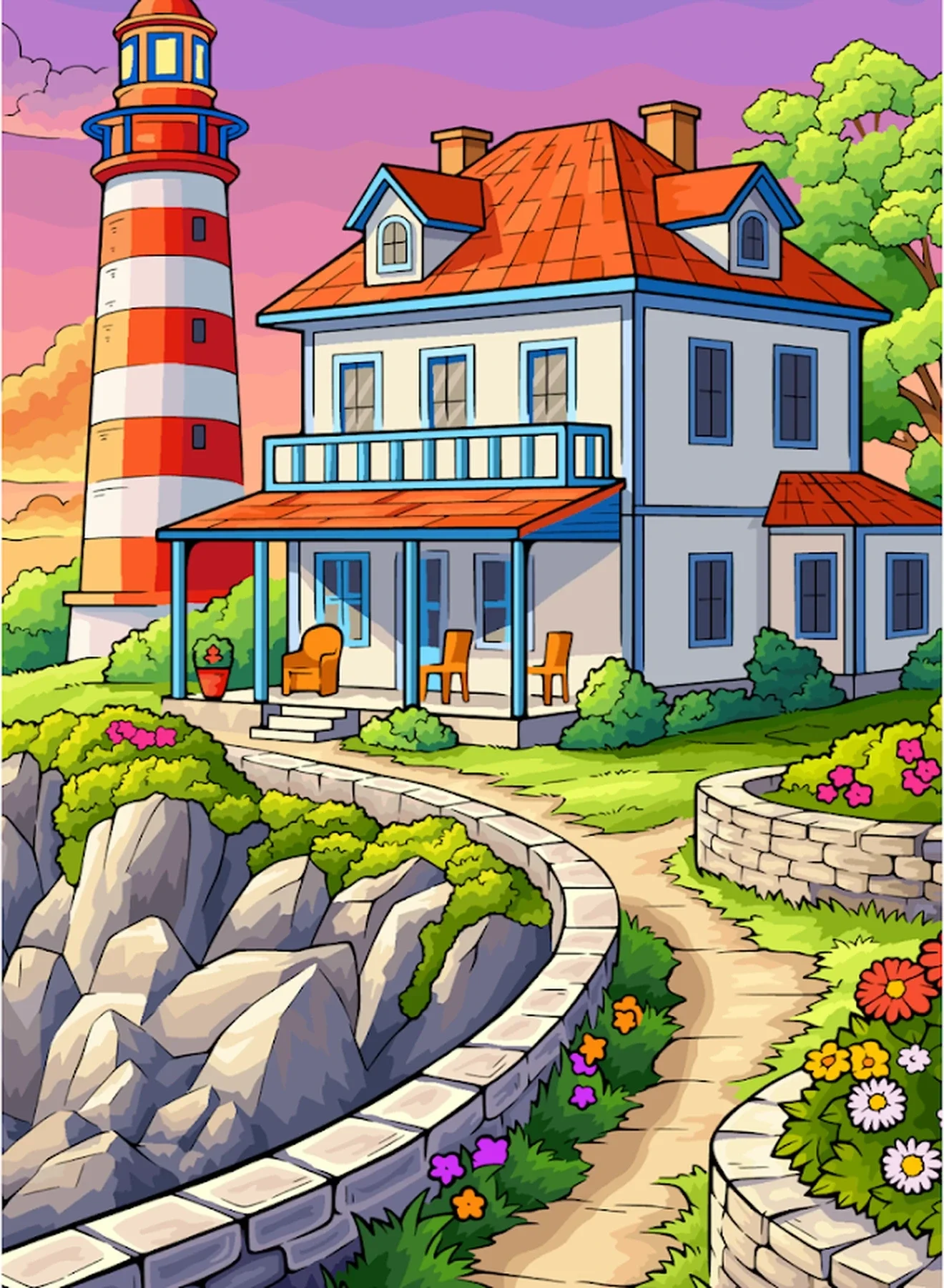 Cottage and lighthouse coloring scenes illustration